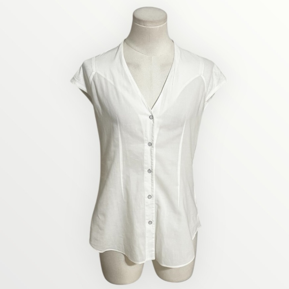 HELMUT LANG White Button-Up Blouse Top Shirt Short Capped Sleeves Sheer P S